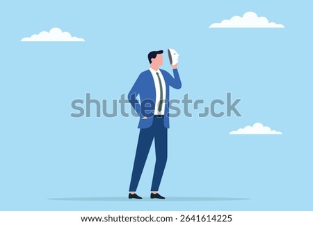 Vector illustration of a businessman taking off his mask, symbolizing the unveiling of true identity, embracing honesty, transparency, and authenticity in the professional world
