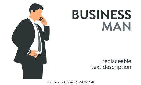 Vector illustration of a businessman talking on the phone. Poster with text placeholder and description
