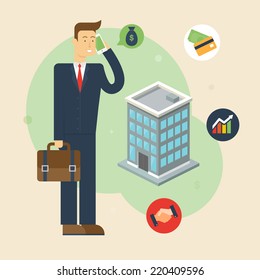 Vector illustration of a businessman talking on the phone near the business center. Flat style