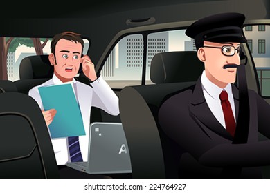 A vector illustration of businessman talking on the phone sitting in a car driven by a chauffeur