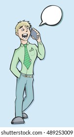 Vector illustration of a businessman talking on the phone with a speech baloon, dressed in a green shirt and tie.