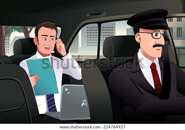 A vector illustration of\
businessman talking on the phone sitting in a car driven by a\
chauffeur