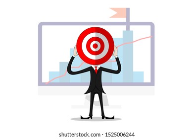 vector illustration of a businessman with target over head. describe business target and strategy. business concept illustration