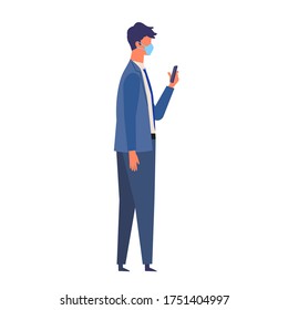 Vector illustration of the businessman texting while walking with a surgical mask.
The illustration for the topic of coronavirus, flu and cold. Vector illustration in flat style.