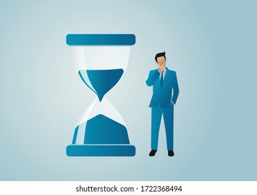 Vector illustration of a businessman thinking beside of hourglass. Wasting time. Too much thinking. Deadline concept