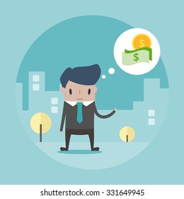 Vector illustration with businessman thinking how to earn money. Outdoor flat design illustration.