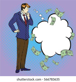 Vector illustration of businessman thinking how to earn money. Business concept design element in retro pop art comic style.