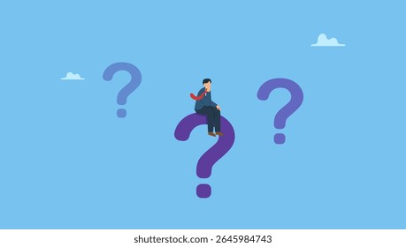 Vector illustration of businessman thinking over a question mark. Ask questions, FAQ, problem or curiosity, doubt or confusion to be answer, challenge and uncertainty, unknown information or solution.