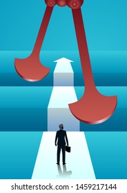 vector illustration of businessman thinking to pass through a tunnel with swinging blades. describe challenge, risk, obstacles, take a risk and danger. business concept illustration