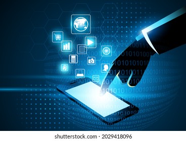 Vector illustration of businessman touching a smart phone screen, the world in your hand, modern, digital technology concept
