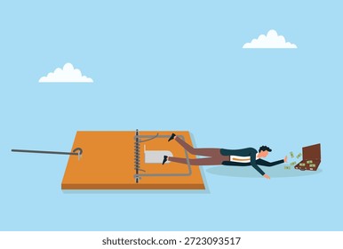 Ilustração vetorial de um homem de negócios preso em uma armadilha enquanto buscava dinheiro, simbolizando risco financeiro, ganância, perigo oculto, más decisões e armadilhas de negócios
