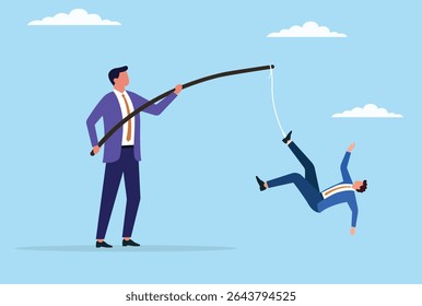 Ilustração vetorial de um homem de negócios prendendo outro homem de negócios, representando lutas de poder, rivalidade corporativa e controle estratégico em um ambiente de negócios competitivo

