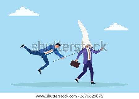 Vector illustration of a businessman trapping another businessman with a large net, symbolizing competition, control, business strategy, or manipulation in the corporate world
