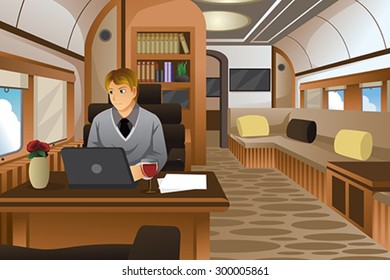 A vector illustration of businessman traveling in a luxurious private jet