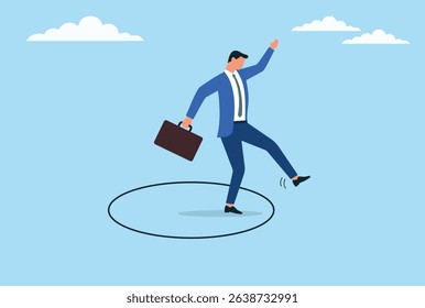 Vector illustration of a businessman trying to break out of his marked boundaries, symbolizing the challenge of pushing boundaries, achieving growth, and embracing change in the professional world
