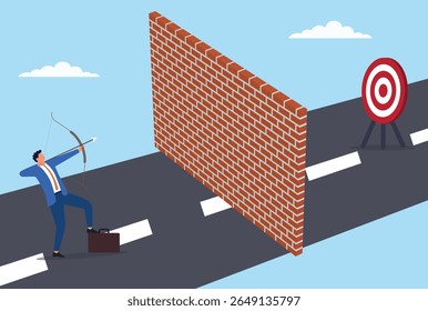 Vector illustration of a businessman trying to break through a target on the other side of a wall, symbolizing determination, overcoming obstacles, and relentless pursuit of goals

