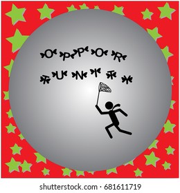 Vector illustration businessman trying to catch flying word OPPORTUNITY with a butterfly net