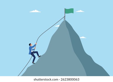 Vector illustration of businessman is trying to climb to the top of a mountain to succeed
