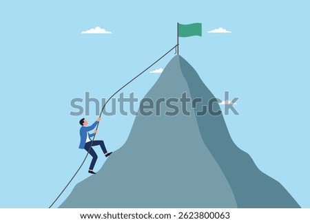 Vector illustration of businessman is trying to climb to the top of a mountain to succeed
