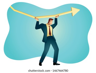 Vector illustration of a businessman trying to hold the decreasing graphic chart and make it increase.