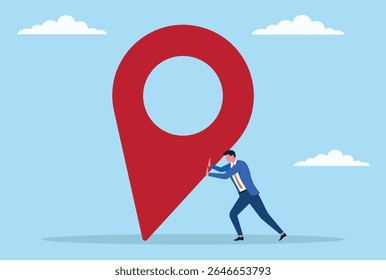 Ilustração vetorial de um homem de negócios tentando levantar um ícone de localização gigante, simbolizando esforço, determinação e superação de obstáculos nos desafios de negócios e baseados em localização
