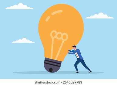 Ilustração vetorial de um homem de negócios tentando levantar uma lâmpada, simbolizando a luta para gerar ideias, restaurar a inovação ou trazer soluções criativas à vida

