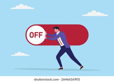 Ilustração vetorial de um homem de negócios tentando mover um botão de ligado para desligado, simbolizando a tomada de decisões difíceis, pausando o trabalho, fazendo uma pausa ou procurando equilíbrio nos negócios
