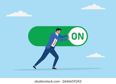 Ilustração vetorial de um homem de negócios tentando mover um botão de OFF para ON, simbolizando iniciar um novo projeto, tomar iniciativa, ativar ideias ou impulsionar o progresso
