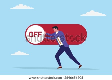 Vector illustration of a businessman trying to move a button switch from ON to OFF, symbolizing making tough decisions, pausing work, taking a break, or seeking balance in business
