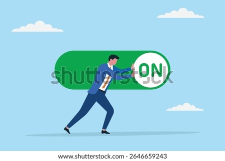 Vector illustration of a businessman trying to move a button switch from OFF to ON, symbolizing starting a new project, taking initiative, activating ideas, or driving progress
