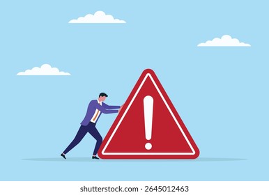 Vector illustration of a businessman trying to push and move a giant warning icon, symbolizing the struggle to overcome major risks and obstacles in the corporate world
