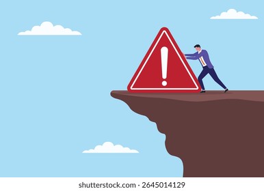 Ilustração vetorial de um homem de negócios tentando empurrar um ícone de aviso em uma colina, simbolizando esforços para eliminar o perigo, reduzir o risco ou superar ameaças de negócios iminentes
