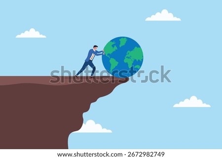 Vector illustration of a businessman trying to push a globe off a mountain, symbolizing struggle, determination, global challenges, effort, and high stakes responsibility
