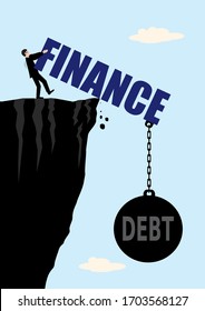 Eine Vektorillustration, die einen Geschäftsmann anzeigt, der versucht, einen großen Text des Wortes Finanzen zu stoppen, der mit einem Ball und einer Kette, die die Schulden symbolisieren, abgewogen wird, einer Metapher über das finanzielle Risiko.