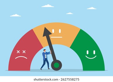 Vector illustration of a businessman trying to turn negative customer feedback into positive
