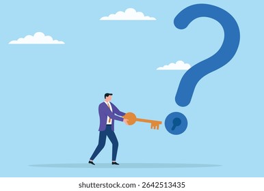 Vector illustration of a businessman trying to unlock a large question mark with a key, symbolizing problem solving, unlocking knowledge, and finding solutions in business challenges
