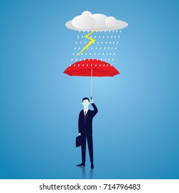 Vector illustration. Businessman and umbrella, risk threat preparation protecting weath future life  