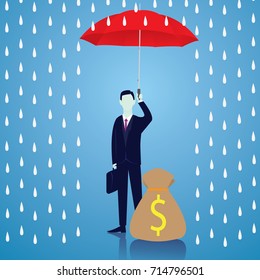 Vector illustration. Businessman and umbrella, risk threat preparation protecting weath future life  