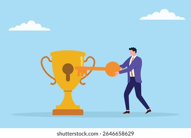 Ilustração vetorial de um homem de negócios desbloqueando um troféu gigante com uma chave, simbolizando o sucesso, a realização, o potencial de desbloqueamento e atingindo metas por meio de esforço e determinação
