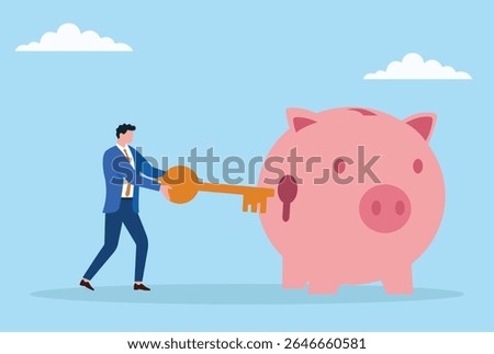 Vector illustration of a businessman unlocking a giant piggy bank with a key, symbolizing financial access, unlocking savings, investment opportunities, and business growth potential
