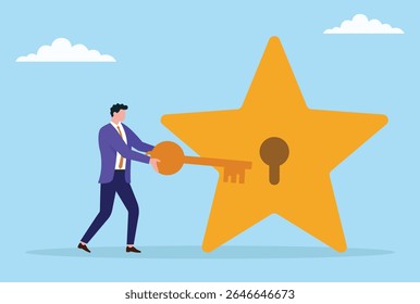 Ilustração vetorial de um homem de negócios desbloqueando um símbolo de estrela com uma chave, simbolizando o desbloqueamento de avaliações positivas dos clientes, construindo reputação e alcançando o sucesso nos negócios
