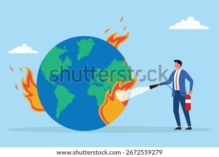 Vector illustration of a businessman using a fire extinguisher to put out flames on the globe, symbolizing climate change, global crisis, and efforts to save the planet
