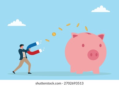 Ilustração vetorial de um homem de negócios usando um ímã para atrair dinheiro de um mealheiro, representando crescimento financeiro, atração de riqueza, economia e estratégia de investimento
