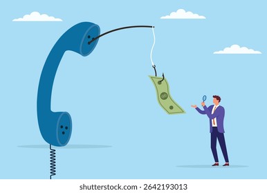 Vector illustration of a businessman using a magnifying glass to verify a fraudulent phone call, symbolizing caution, investigation, and fraud detection in the business world
