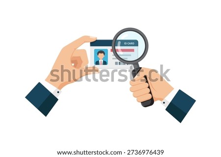vector illustration of Businessman Using Magnifying Glass To Inspect ID Card For Verification And Security.