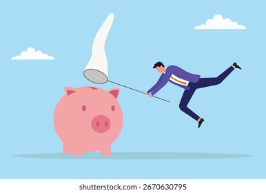 Vector illustration of a businessman using a net to catch savings from a giant piggy bank, symbolizing financial security, investment, money growth, wealth management, and success
