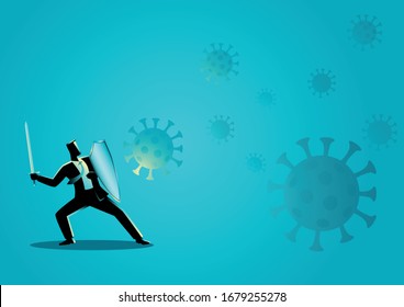 Vector illustration of businessman using shield and sword protecting himself from viruses