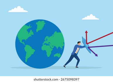 Ilustração vetorial de um homem de negócios usando um escudo para proteger o globo contra raios nocivos, simbolizando proteção, segurança e responsabilidade globais
