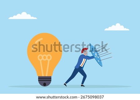 Vector illustration of a businessman using a shield to protect a light bulb from arrows, representing safeguarding ideas, innovation, and creative solutions from threats and challenges
