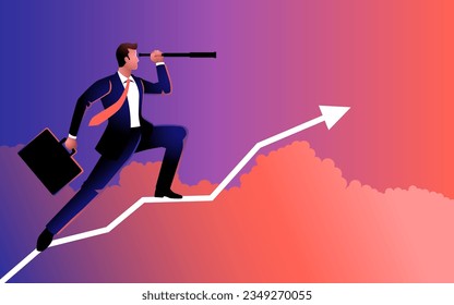 Vector illustration of a businessman using telescope on graphic chart. Concept for forecast, prediction, success, planning in business